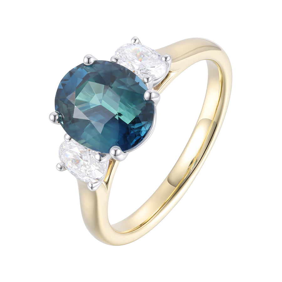 Teal Sapphire and Diamond Ring