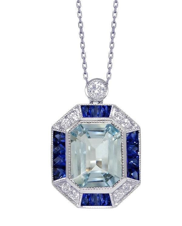 Aquamarine, Sapphire and Diamond Necklace