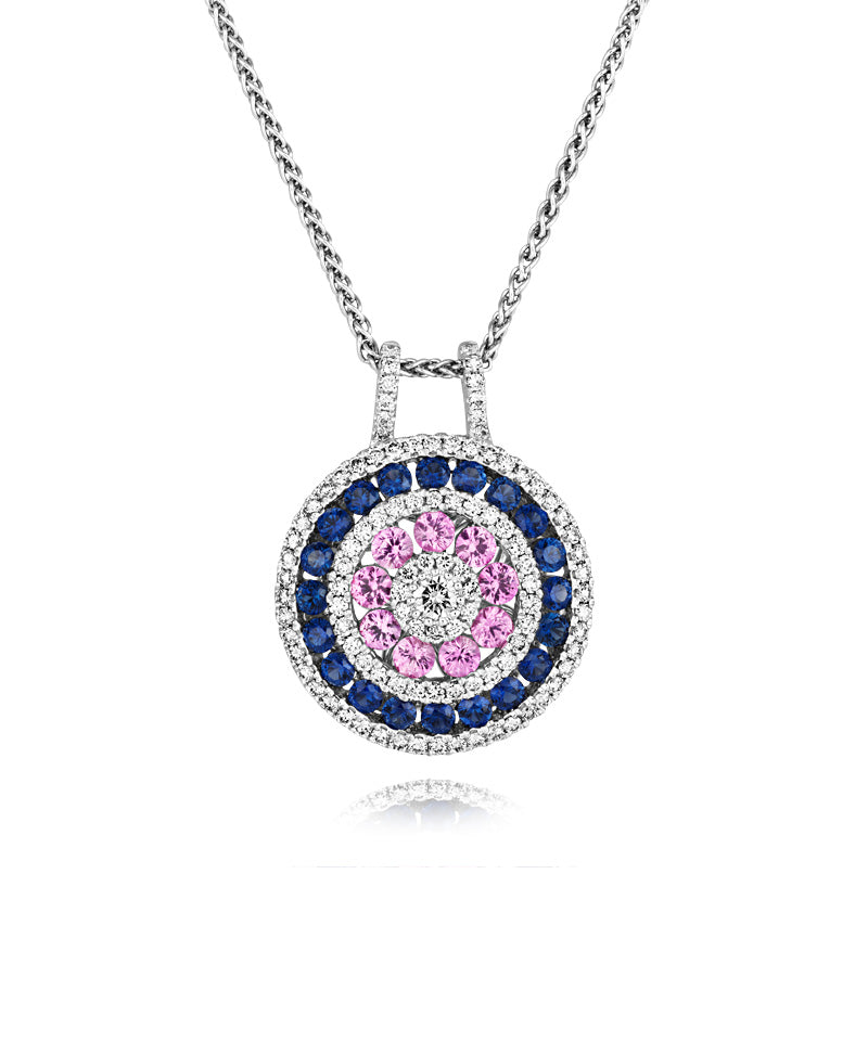 Blue Sapphire, Pink Sapphire and Diamond Pendant