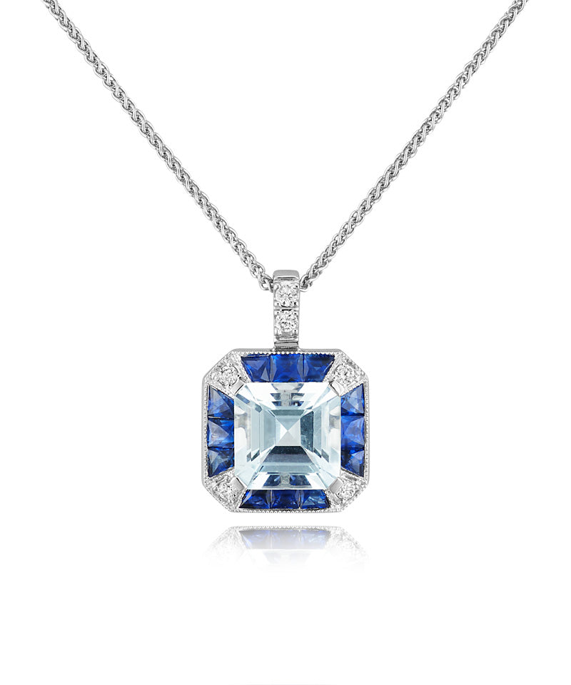 Aquamarine, Sapphire and Diamond Pendant